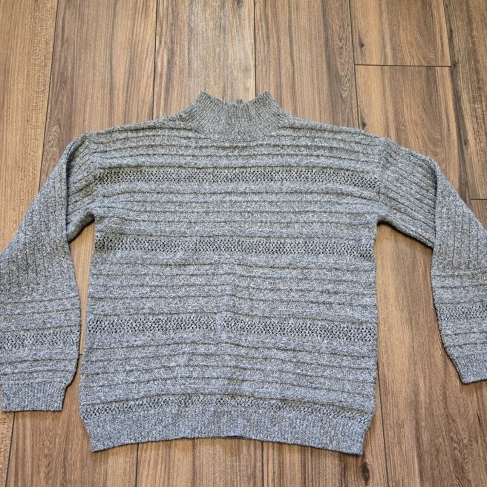 Womens Mock Neck Sweater M‎ Knit Striped Openwork Long Sleeve Gray (982) - Picture 2 of 8